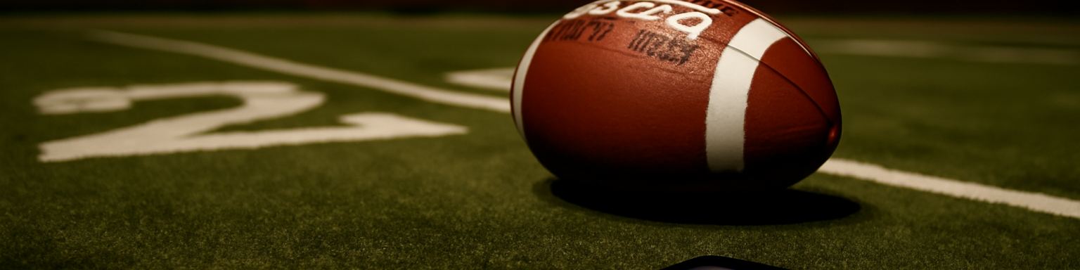 Balón de fútbol americano sobre las líneas de yarda de un estadio vacío de noche, imagen de esta comparativa de casas de apuestas para la NFL